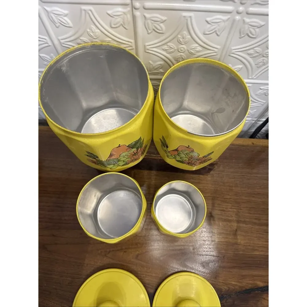 Vintage Kromex Faceted Aluminum 4 Canister Set Yellow Fruit Floral Plastic Lids